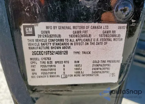 2002 Chevrolet Silverado C1500 from USA, damaged, VIN 2GCEC19T521408128